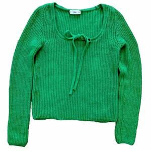 MNG Mango Sweater Kelly Green Scoop Square Neck Bow Long Sleeve Sz M